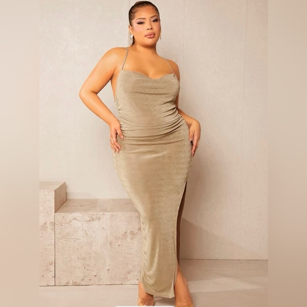 ***NEVERWORN*** Plus Draped Collar Split Thigh Crisscross Backless Cami Dress